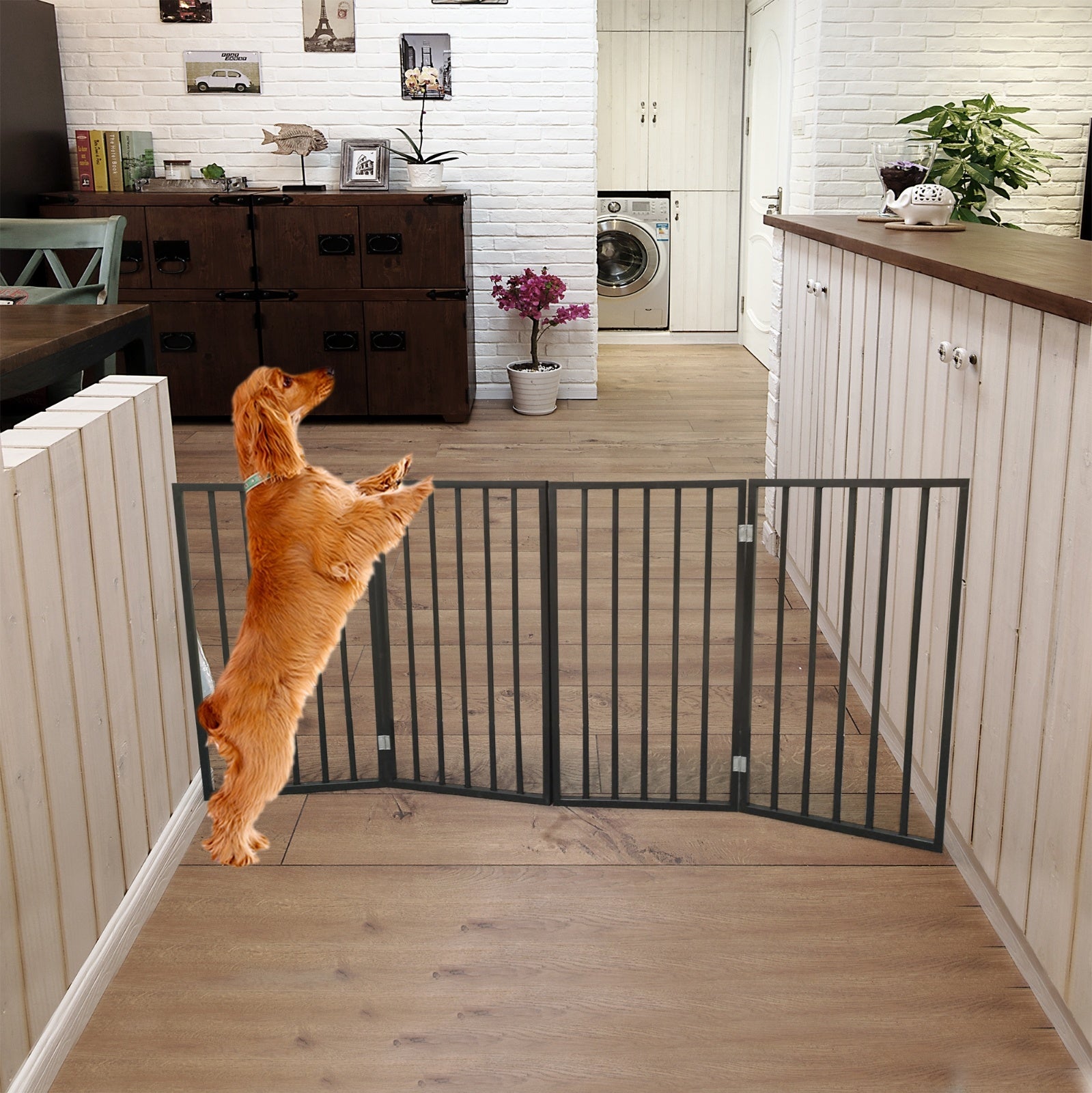 Wooden Freestanding Folding Pet Gate – Brown Arc Design for Doorways, Stairs & Home Use ACS35