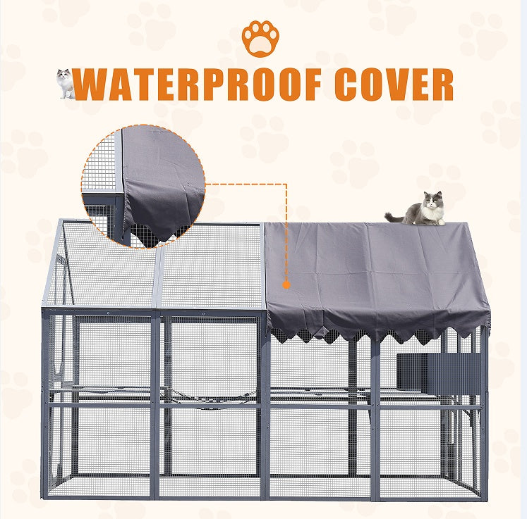 Outdoor Cat House with Fence – Upgraded Waterproof Shelter with Protective Cover, Gray ACS10