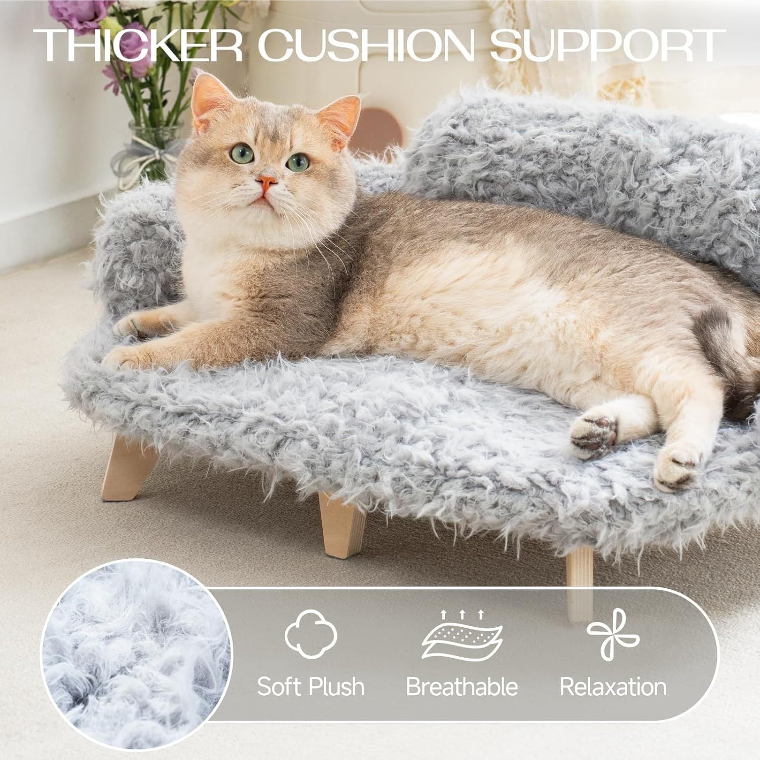Elevated Cat Bed – 26x18.3x8.5" Wooden Sofa with Washable Cover for Cats & Small Dogs | Cat Drinking & Feeding – bed75