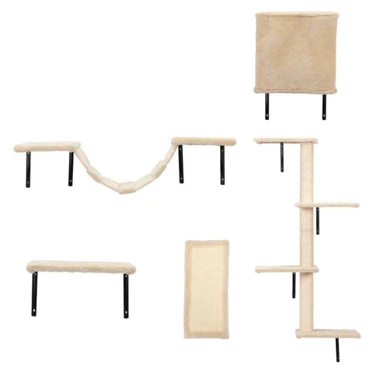 5 Pcs Wall Mounted Cat Climber Set – Floating Cat Shelves & Perches with Scratching Posts | Modern Cat Activity Tree | Cat Drinking & Feeding – furn38