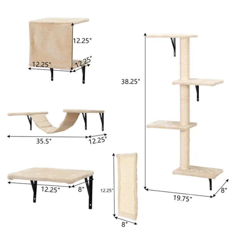 5 Pcs Wall Mounted Cat Climber Set – Floating Cat Shelves & Perches with Scratching Posts | Modern Cat Activity Tree | Cat Drinking & Feeding – furn38