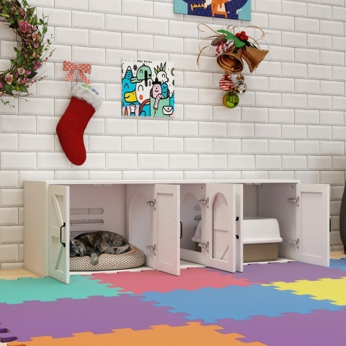 Modern Cat Litter Box Furniture With Double Room – Wooden Enclosed Cat Toilet Cabinet Featuring Built-in Cat Door | Cat Drinking & Feeding – furn19
 double room cat toilet,