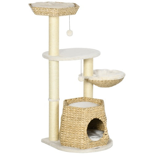 PawHut 47" Cat Tree Tower – Kitty Activity Center with Bed, Condo, Sisal Scratching Posts & Hanging Ball – Natural Cattail Fluff Design
