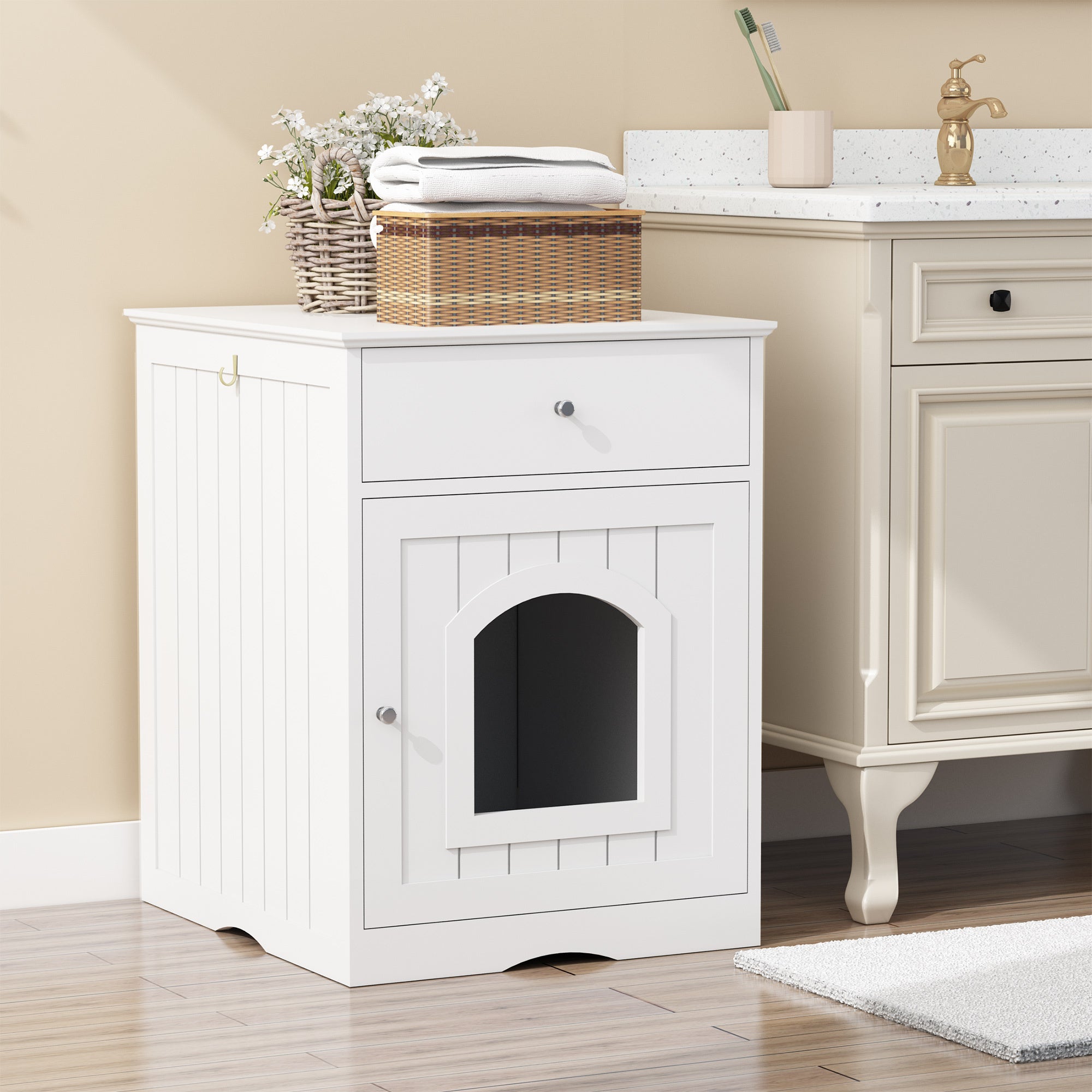Wooden Pet House Litter Box Fence With Drawers – Enclosed Cat Toilet Cabinet with Storage & Privacy Divider | Cat Drinking & Feeding – furn13