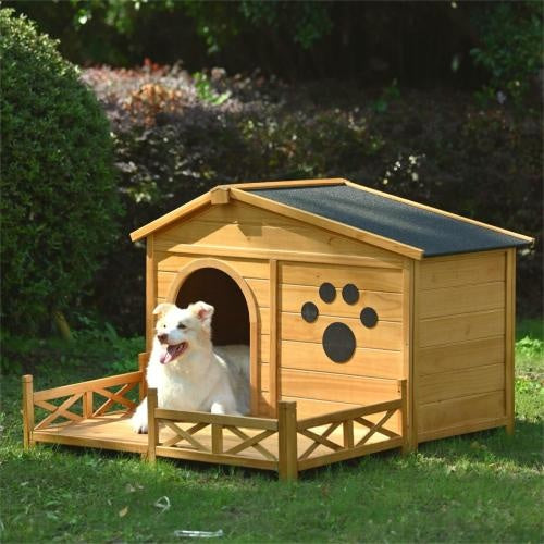 48" Wooden Dog House Outdoor With Porch – Medium Dog Kennel with Water-Resistant Asphalt Roof, Fencing & Indoor/Outdoor Crate | Cat Drinking & Feeding – furn16
