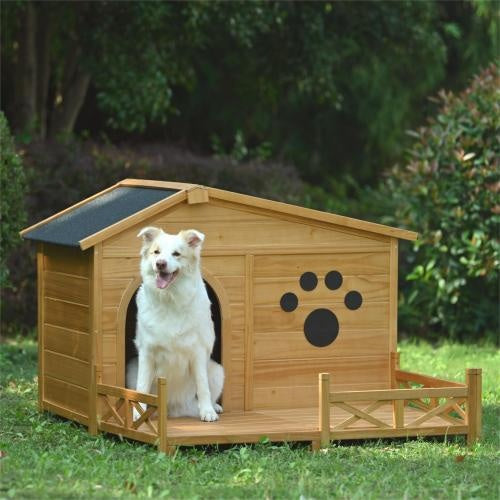 48" Wooden Dog House Outdoor With Porch – Medium Dog Kennel with Water-Resistant Asphalt Roof, Fencing & Indoor/Outdoor Crate | Cat Drinking & Feeding – furn16