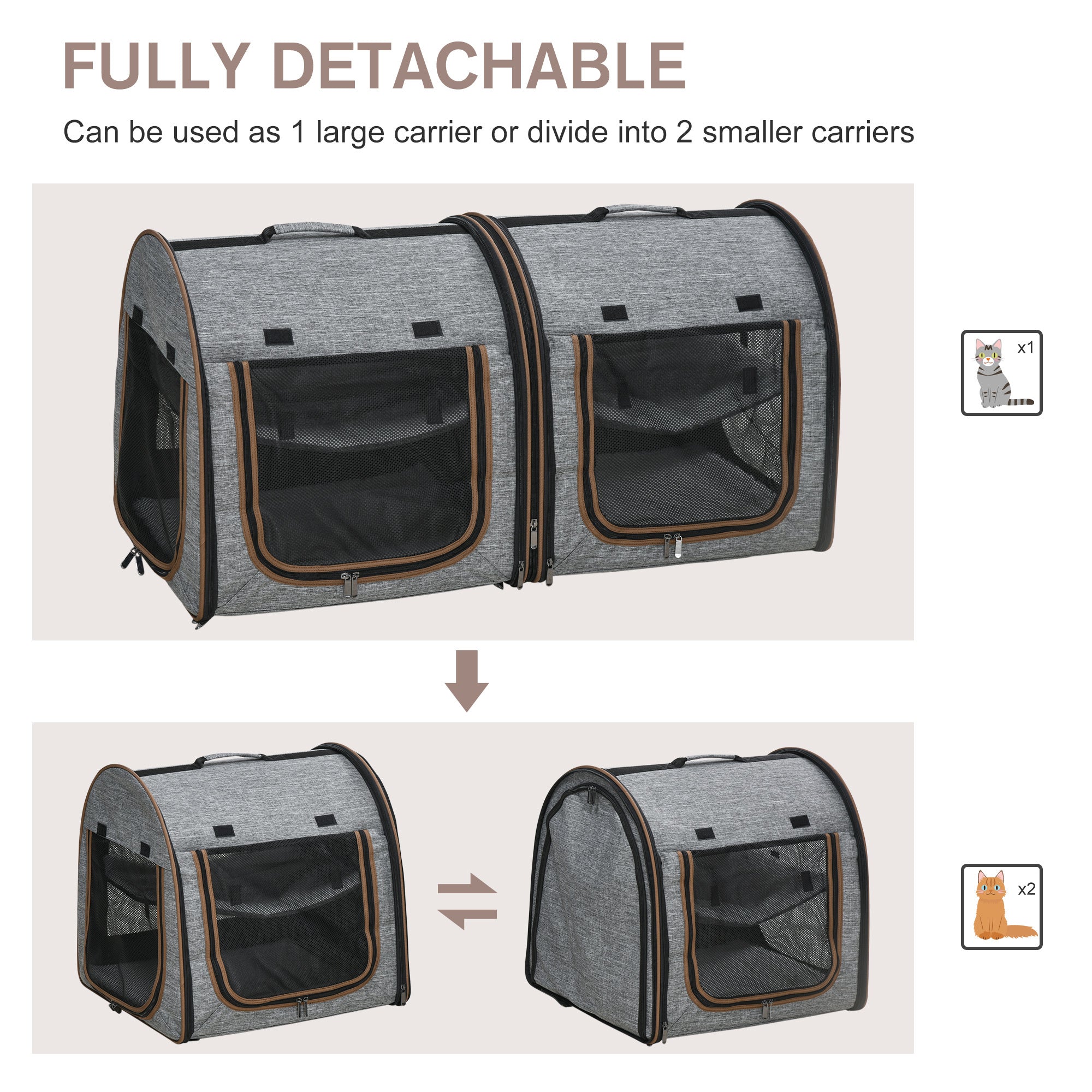 Portable Soft-Sided Cat Carrier with Divider – Dual Compartments, Padded Interior & Storage Bag, Grey ACS6
