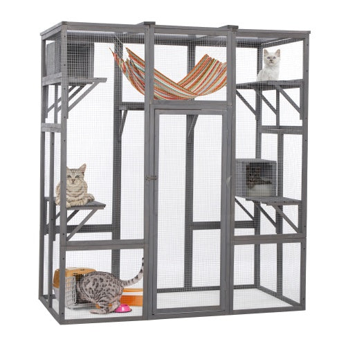 Oversized Cat Cage – Spacious Grey Enclosure for Multiple Cats with Multi-Level Platforms & Easy Access | Cat Drinking & Feeding – furn43