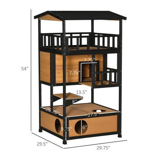 Wooden Outdoor Cat House – Weatherproof Wild Cat Shelter with Elevated Kitten Tree Platform | Cat Drinking & Feeding – furn8