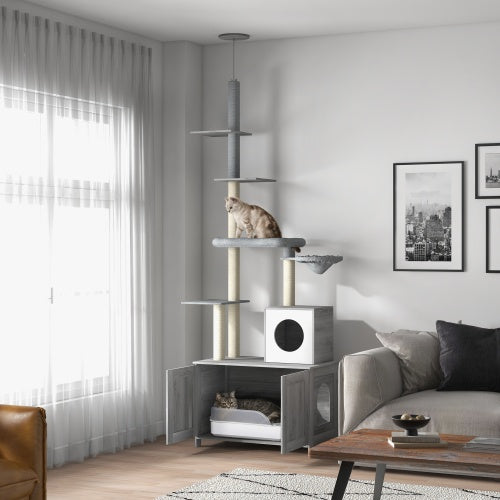 PawHut Cat Tree With Litter Box Enclosure – 2-in-1 Floor-to-Ceiling Cat Tower with Condo, Bed, Hammock, Scratching Posts & Platforms | Cat Drinking & Feeding – furn24