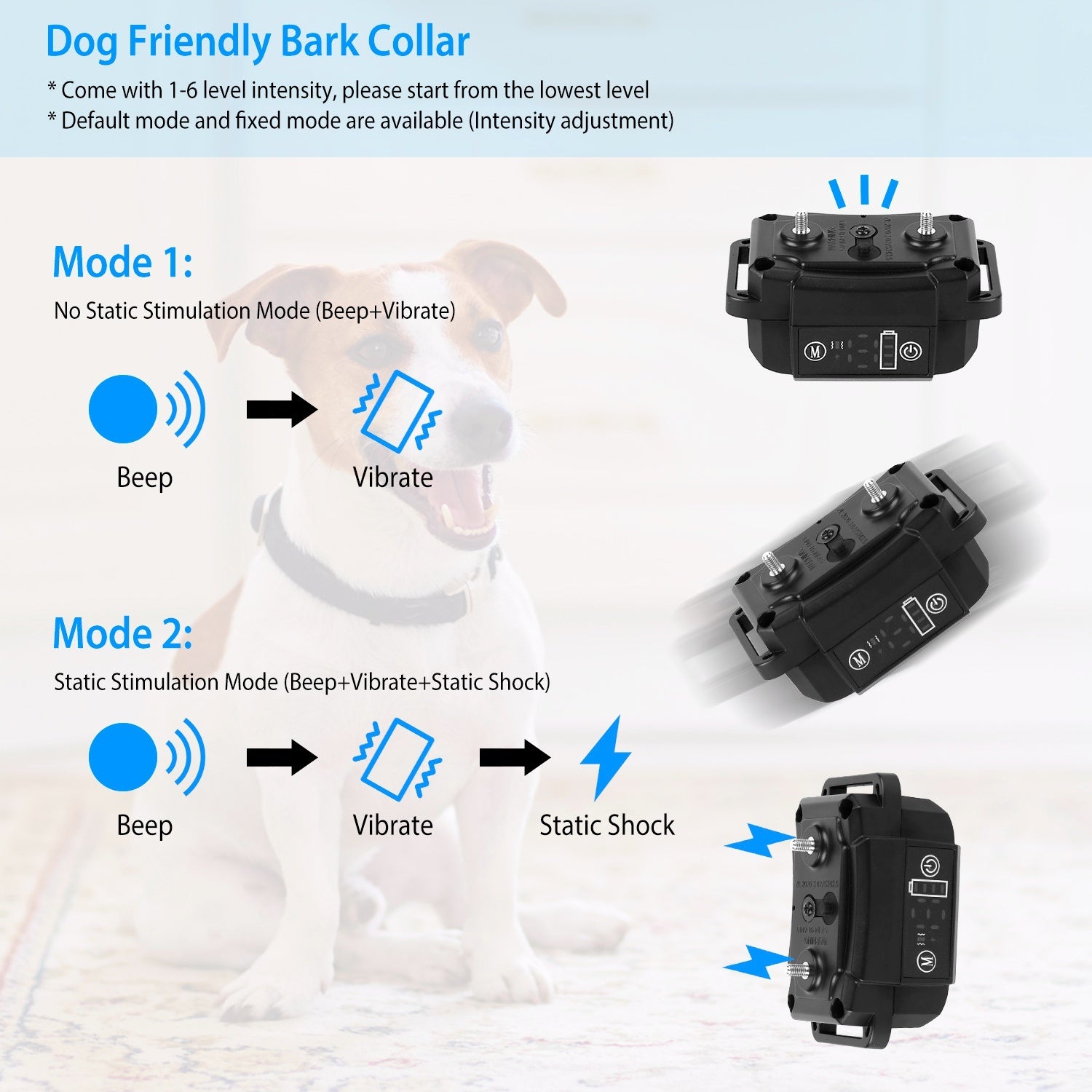 Rechargeable Dog Bark Collar – Waterproof Anti-Bark Device with Beep, Vibration, Static & 6 Intensity Levels, Dual Modes ACS50