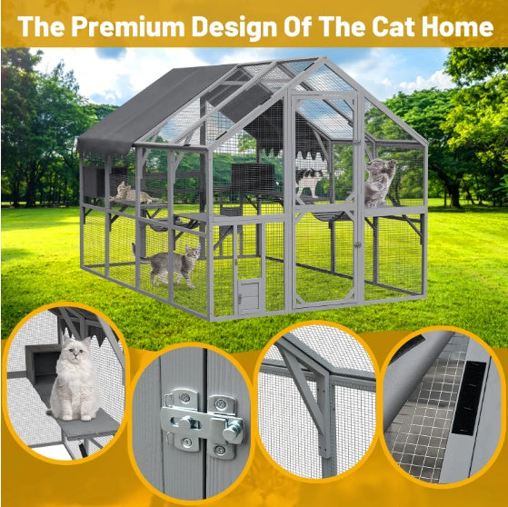 Outdoor Cat Enclosure Playpen – 110" Large Kitten House with Platforms & Upgraded Waterproof Cover, Grey ACS28