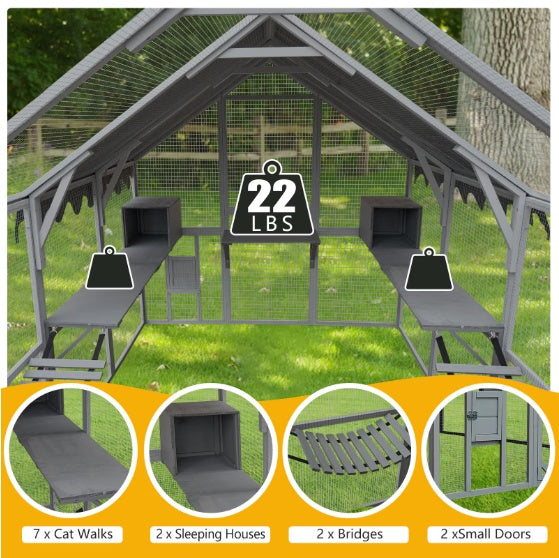 Outdoor Cat Enclosure Playpen – 110" Large Kitten House with Platforms & Upgraded Waterproof Cover, Grey ACS28