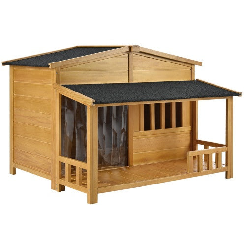 GO 47.2" Wooden Dog House – Solid Wood Indoor & Outdoor Pet Kennel with Porch, Weatherproof Design for Medium Dogs | Cat Drinking & Feeding – furn42