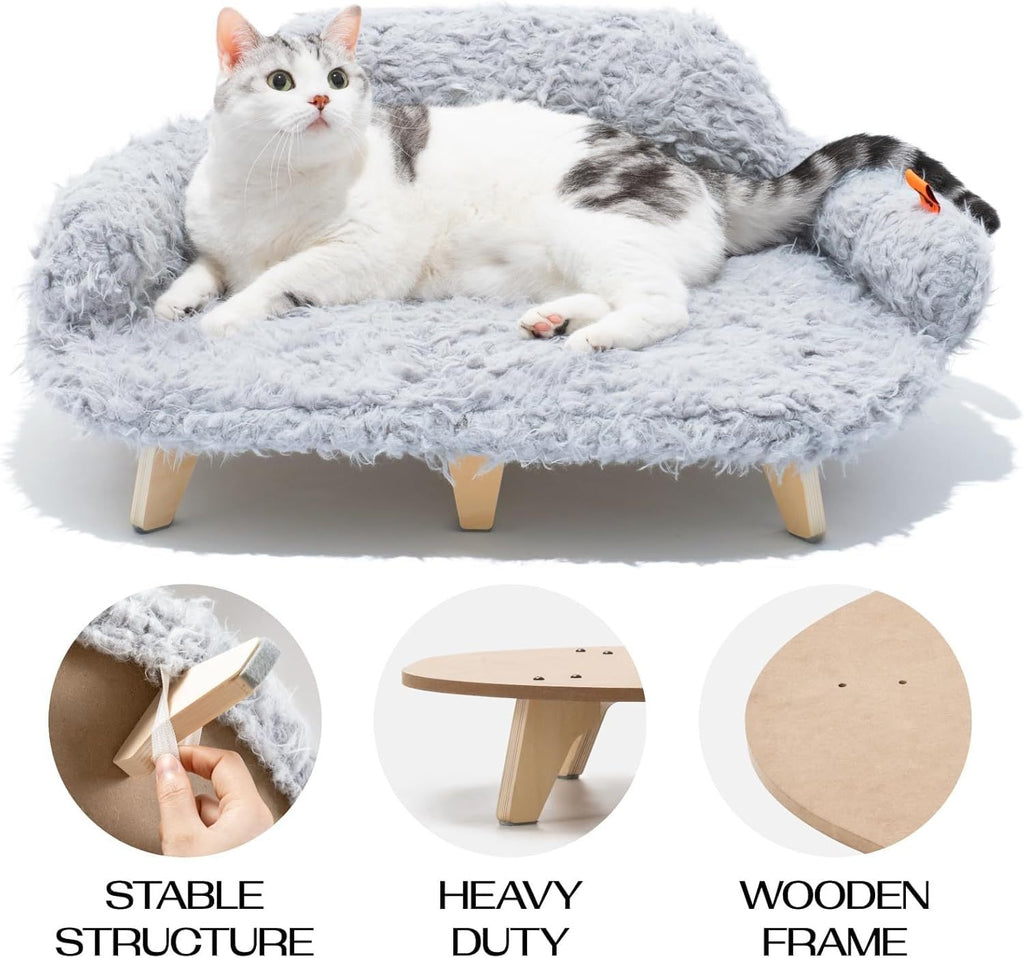 Elevated Cat Bed – 26x18.3x8.5" Wooden Sofa with Washable Cover for Cats & Small Dogs | Cat Drinking & Feeding – bed75