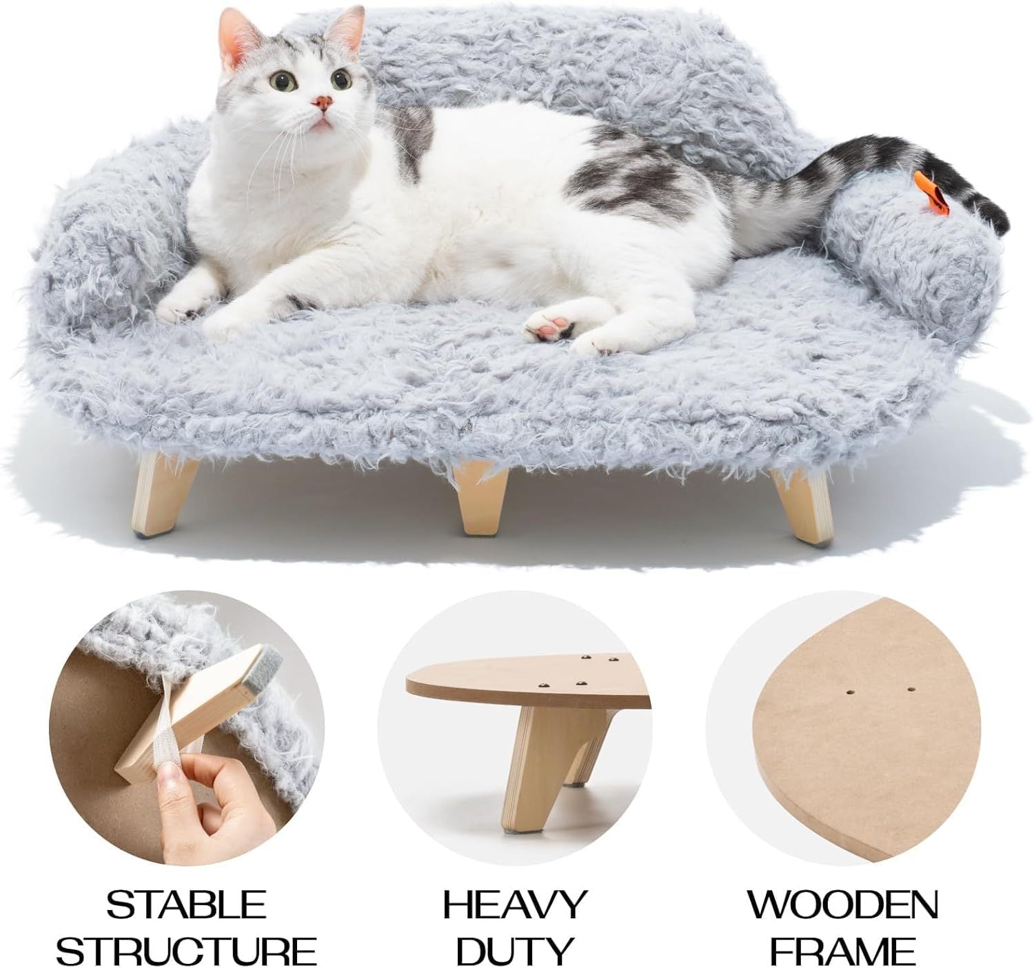 Elevated Cat Bed – 26x18.3x8.5" Wooden Sofa with Washable Cover for Cats & Small Dogs | Cat Drinking & Feeding – bed75