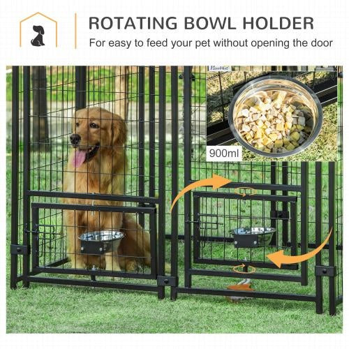 Outdoor Kennel With Rotating Bowl Rack – Walk-In Welded Wire Steel Dog Pen with Waterproof & UV-Resistant Awning | Cat Drinking & Feeding – furn36