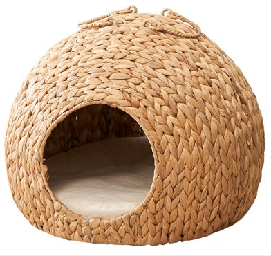 Weaving Rattan Circular Cat Bed – Handcrafted Round Pet Lounger with Soft Cushion for Cozy Indoor Naps | Cat Drinking & Feeding – furn27
