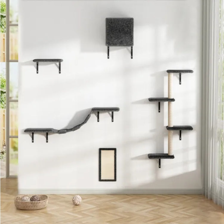 5 Pcs Wall Mounted Cat Climber Set – Floating Cat Shelves & Perches with Scratching Posts | Modern Cat Activity Tree | Cat Drinking & Feeding – furn38