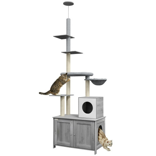 PawHut Cat Tree With Litter Box Enclosure – 2-in-1 Floor-to-Ceiling Cat Tower with Condo, Bed, Hammock, Scratching Posts & Platforms | Cat Drinking & Feeding – furn24