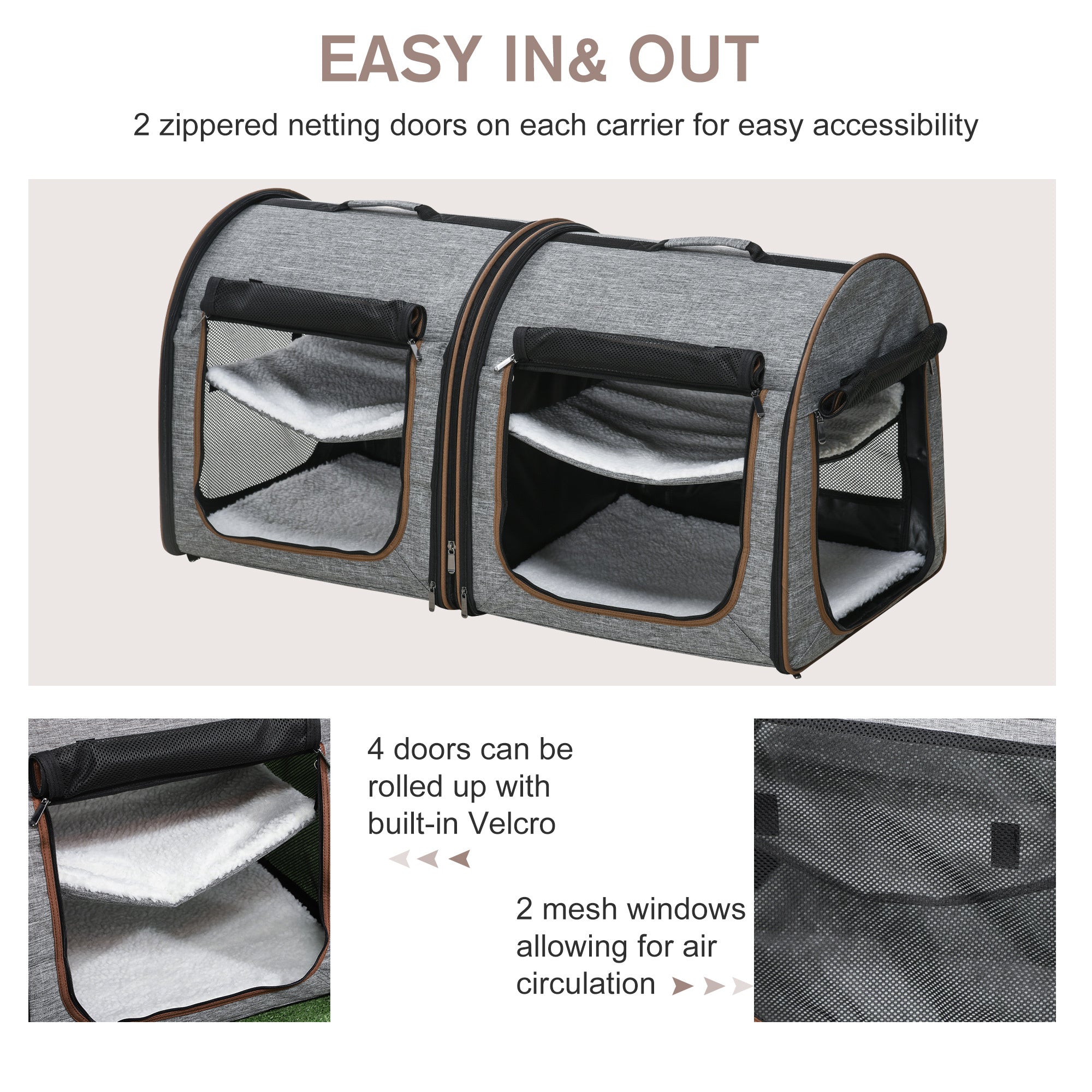Portable Soft-Sided Cat Carrier with Divider – Dual Compartments, Padded Interior & Storage Bag, Grey ACS6