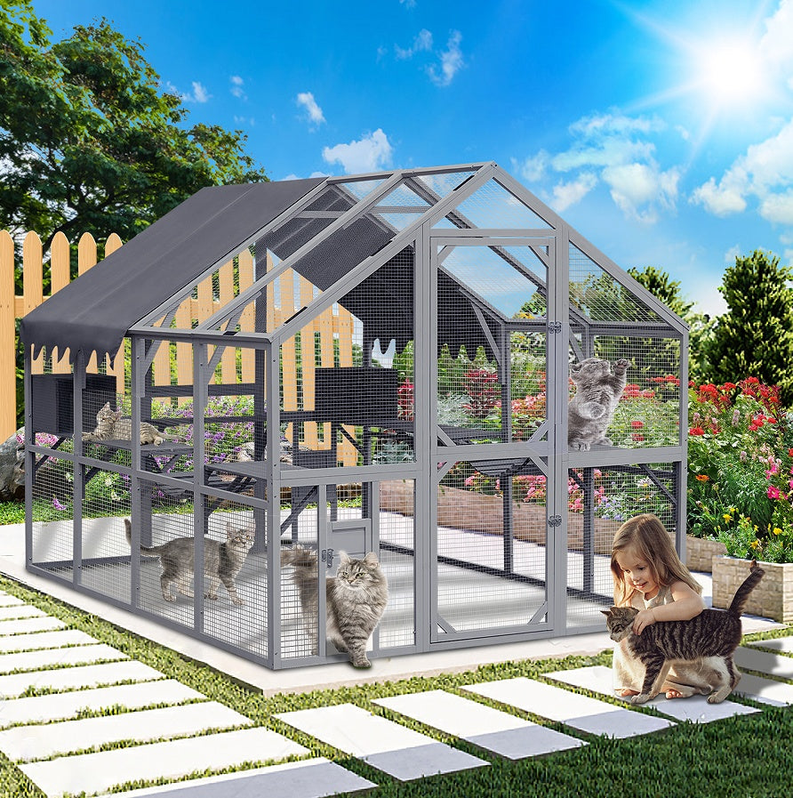 Outdoor Cat House with Fence – Upgraded Waterproof Shelter with Protective Cover, Gray ACS10