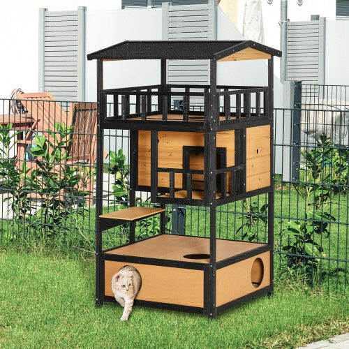 Wooden Outdoor Cat House – Weatherproof Wild Cat Shelter with Elevated Kitten Tree Platform | Cat Drinking & Feeding – furn8