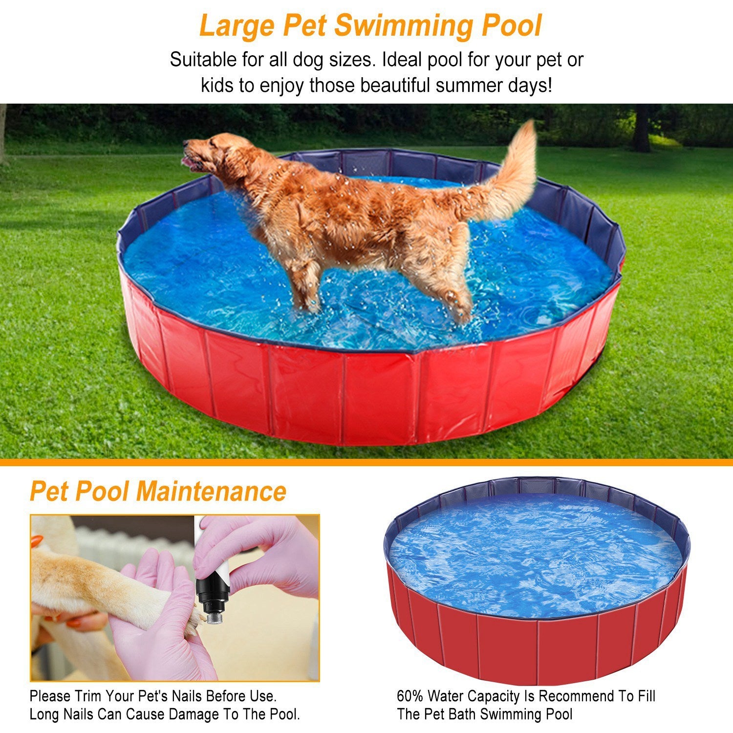 Foldable Pet Swimming Pool (160x160x30cm) – PVC Dog Bathing Tub & Playmat care 49