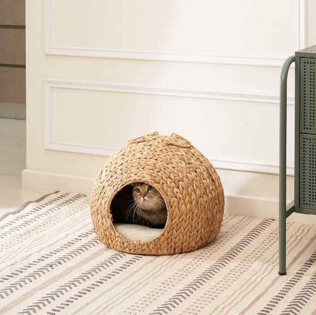 Weaving Rattan Circular Cat Bed – Handcrafted Round Pet Lounger with Soft Cushion for Cozy Indoor Naps | Cat Drinking & Feeding – furn27