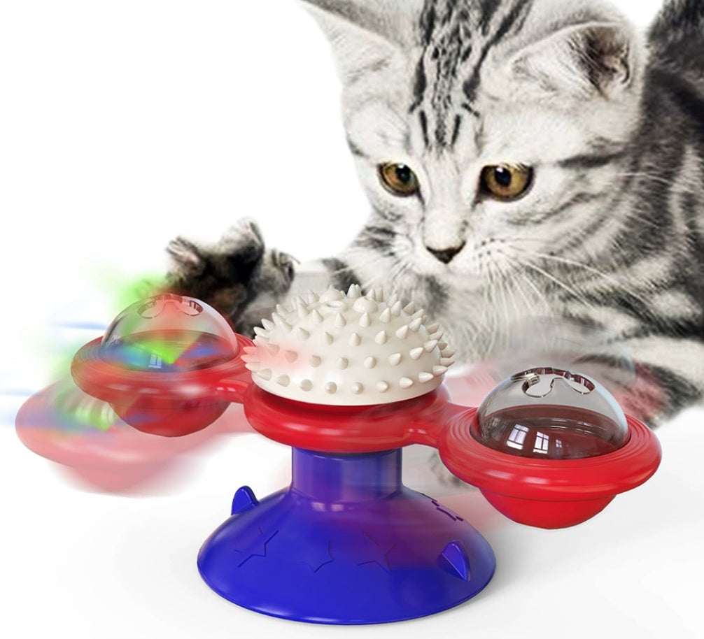 Interactive Cat Entertainment Set – Rotating Disk, Feather Teasers, Tumbler & Windmill Toy for Active Indoor Cats