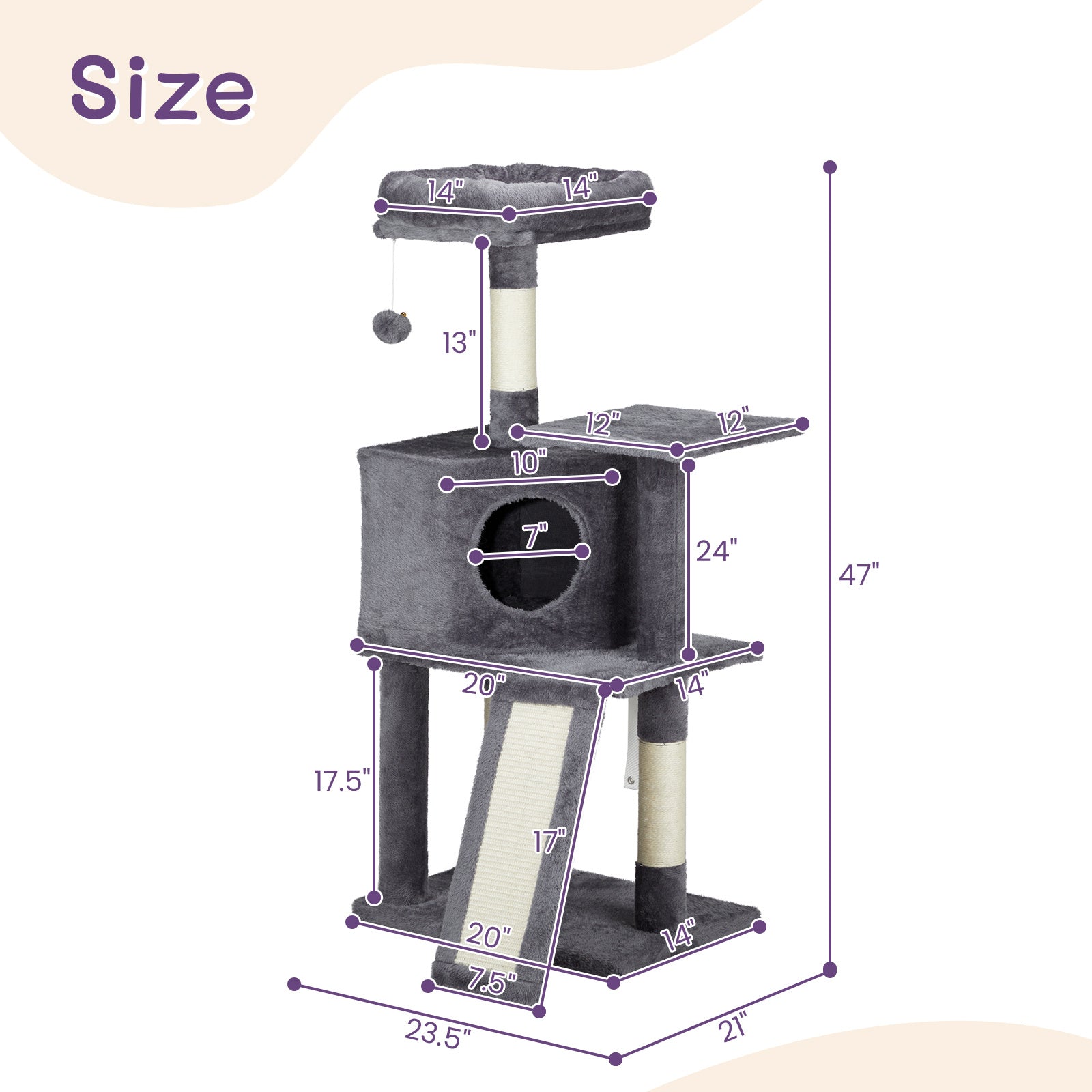 47" Trapezoidal Cat House – Dark Grey Cat Scratcher & Climbing Frame with Multi-Level Platforms | Cat Drinking & Feeding – furn30