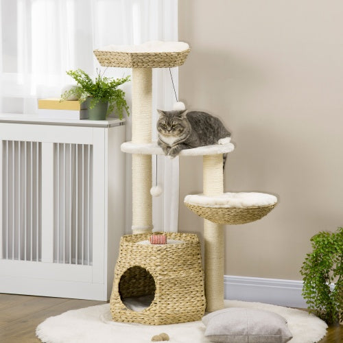 PawHut 47" Cat Tree Tower – Kitty Activity Center with Bed, Condo, Sisal Scratching Posts & Hanging Ball – Natural Cattail Fluff Design