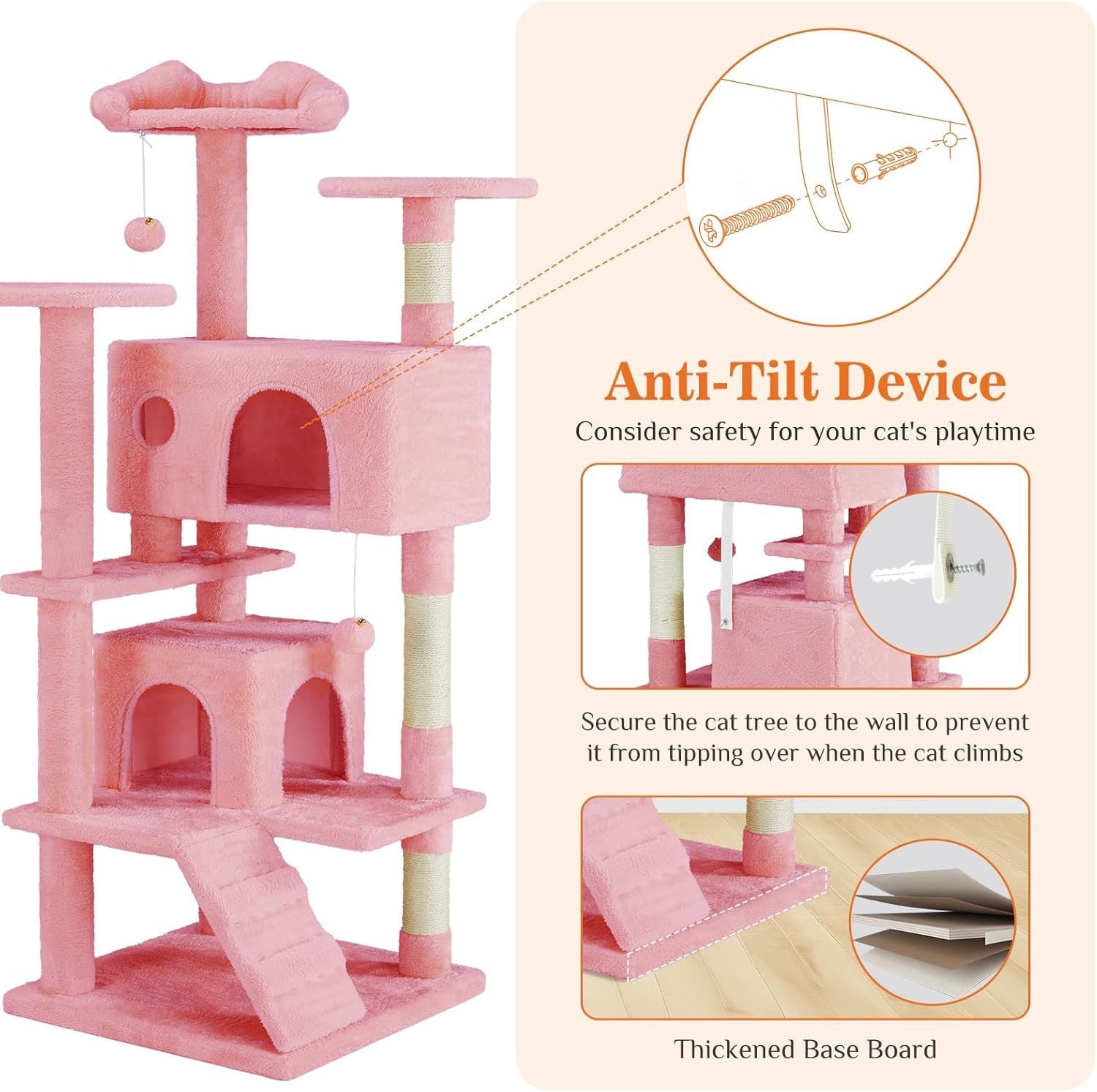 54" Cat Tree Tower – Multi-Level Indoor Apartment with Sisal Grab Posts, Ladder, Plush Toys, Rest & Play Areas | Cat Drinking & Feeding – furn37