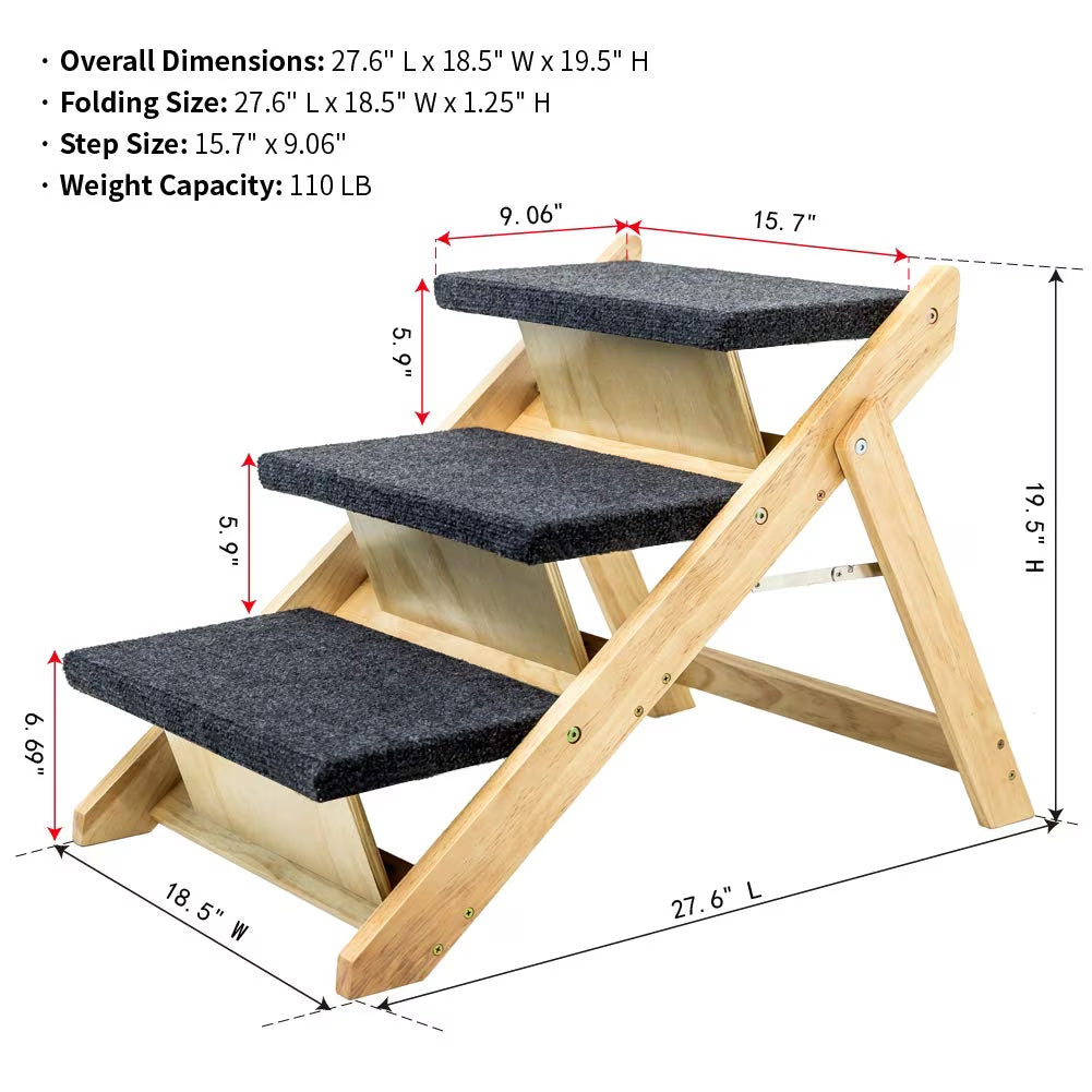 Foldable Wooden Pet Stairs – 3-Step Ladder for Dogs & Cats