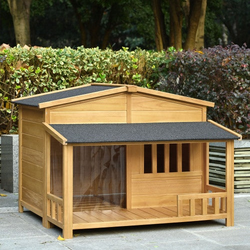 GO 47.2" Wooden Dog House – Solid Wood Indoor & Outdoor Pet Kennel with Porch, Weatherproof Design for Medium Dogs | Cat Drinking & Feeding – furn42
