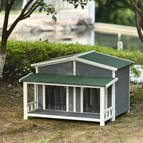 GO 47.2" Large Wooden Dog House Outdoor – Cabin Style Indoor & Outdoor Dog Crate with Porch and Dual Doors in Gray & Green | Cat Drinking & Feeding – furn17