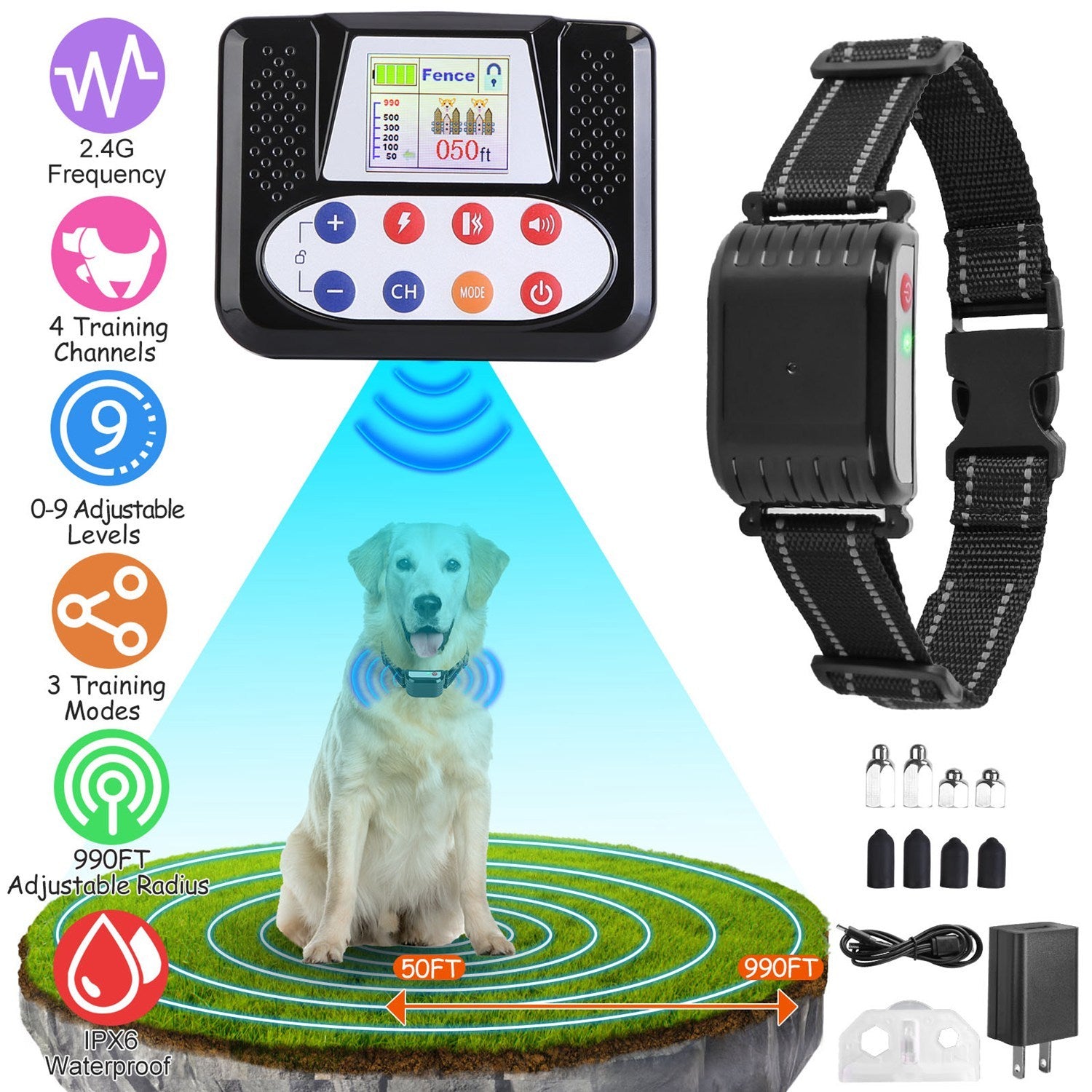 990FT Wireless Dog Fence & Training Collar – IPX6 Waterproof, 4-Channel System with Beep, Vibration & Shock (0–9 Levels) ACS53