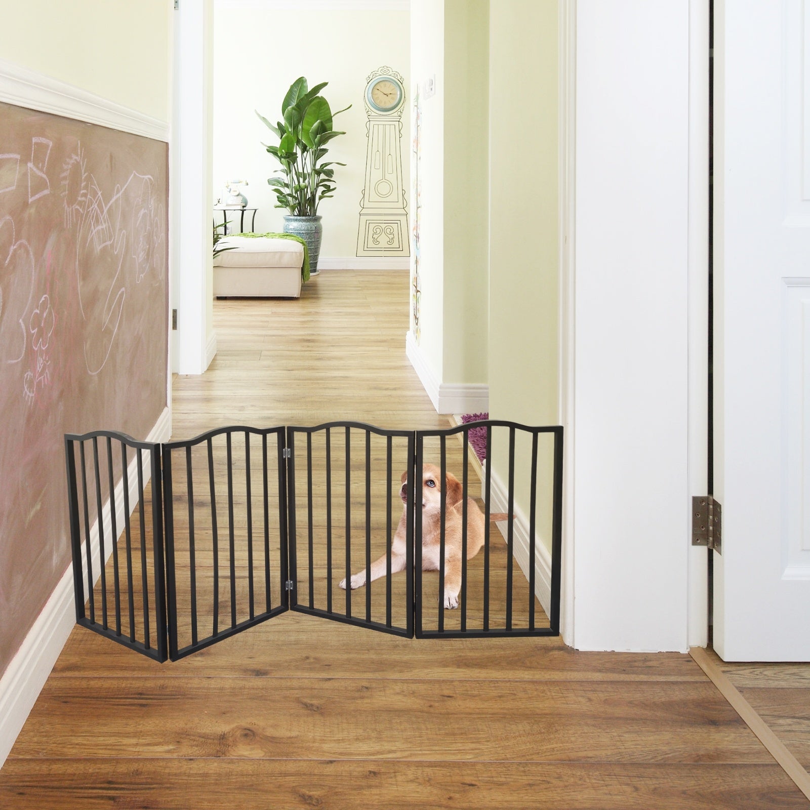 Freestanding Folding Dog Gate – Arc Wooden Design for Doorways & Stairs, Brown Finish ACS41