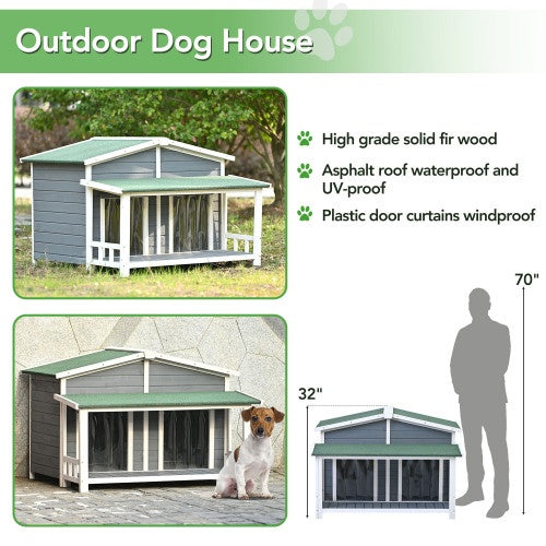 GO 47.2" Large Wooden Dog House Outdoor – Cabin Style Indoor & Outdoor Dog Crate with Porch and Dual Doors in Gray & Green | Cat Drinking & Feeding – furn17