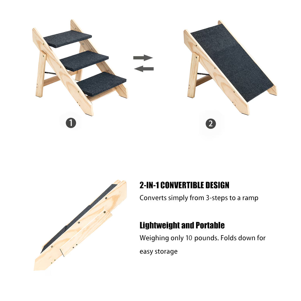 Foldable Wooden Pet Stairs – 3-Step Ladder for Dogs & Cats
