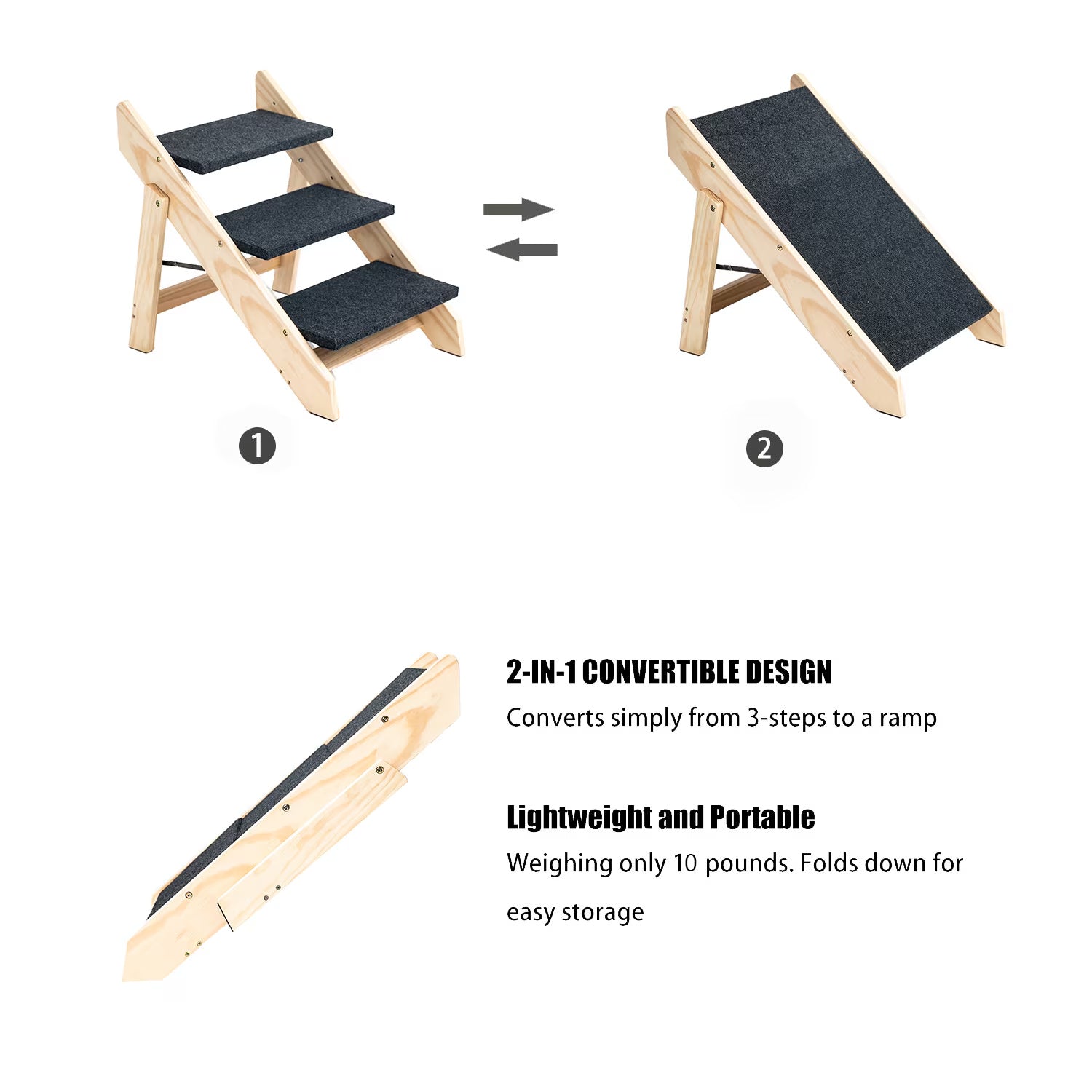 Foldable Wooden Pet Stairs – 3-Step Ladder for Dogs & Cats