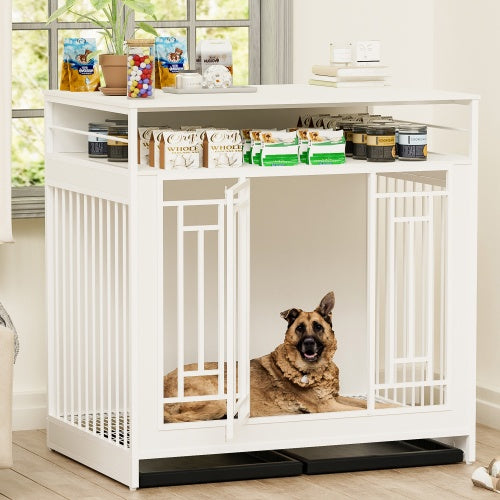 43.3" Large Dog Kennel Furniture – Wooden Indoor Dog Crate with Removable Divider & Stylish Home Design | Cat Drinking & Feeding – furn22