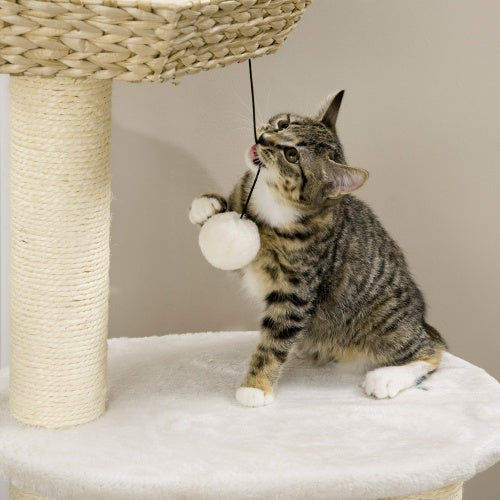 PawHut 47" Cat Tree Tower – Kitty Activity Center with Bed, Condo, Sisal Scratching Posts & Hanging Ball – Natural Cattail Fluff Design