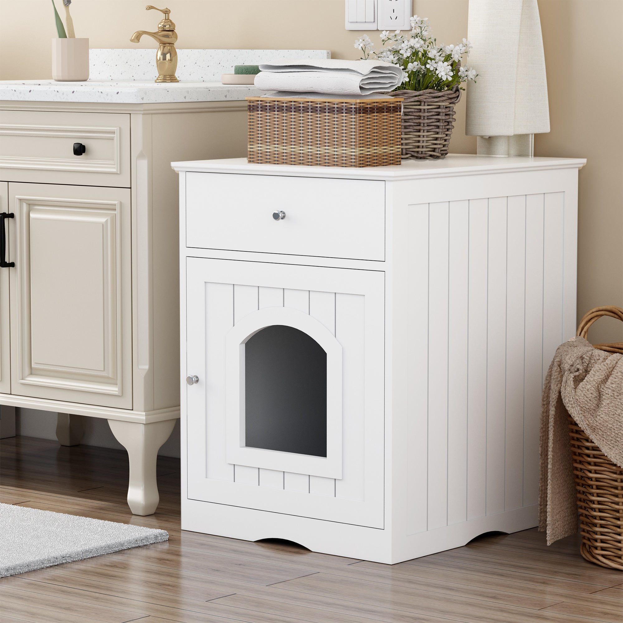 Wooden Pet House Litter Box Fence With Drawers – Enclosed Cat Toilet Cabinet with Storage & Privacy Divider | Cat Drinking & Feeding – furn13
