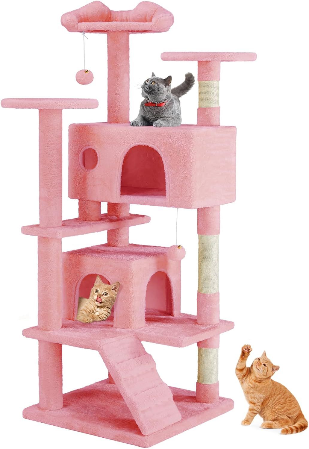 54" Cat Tree Tower – Multi-Level Indoor Apartment with Sisal Grab Posts, Ladder, Plush Toys, Rest & Play Areas | Cat Drinking & Feeding – furn37