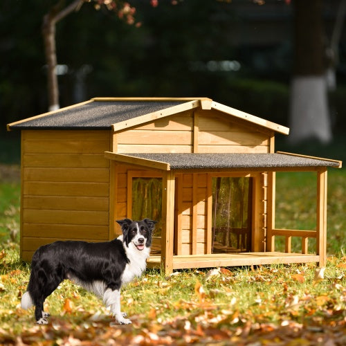 Large Wooden Dog House Outdoor – Hut Style Pet Shelter with Porch and Dual Doors for Medium to Large Dogs | Cat Drinking & Feeding – furn23