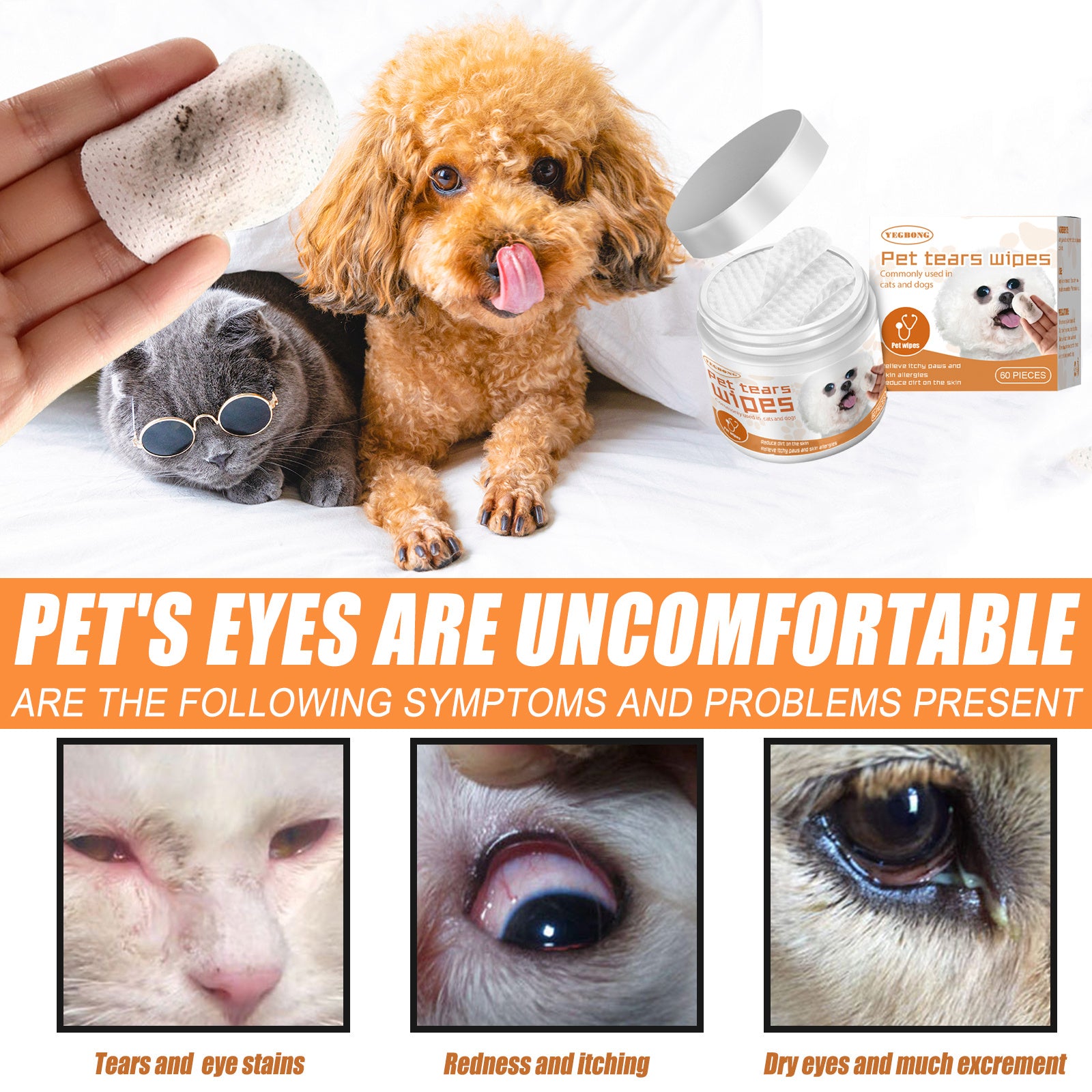 Pet Eye Wipes for Dogs & Cats – Tear Stain Remover, Eye Cleaning Cotton Pads for Daily Use