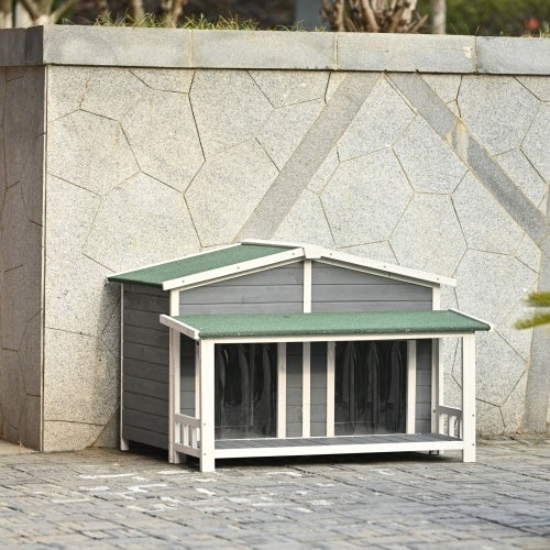 GO 47.2" Large Wooden Dog House Outdoor – Cabin Style Indoor & Outdoor Dog Crate with Porch and Dual Doors in Gray & Green | Cat Drinking & Feeding – furn17