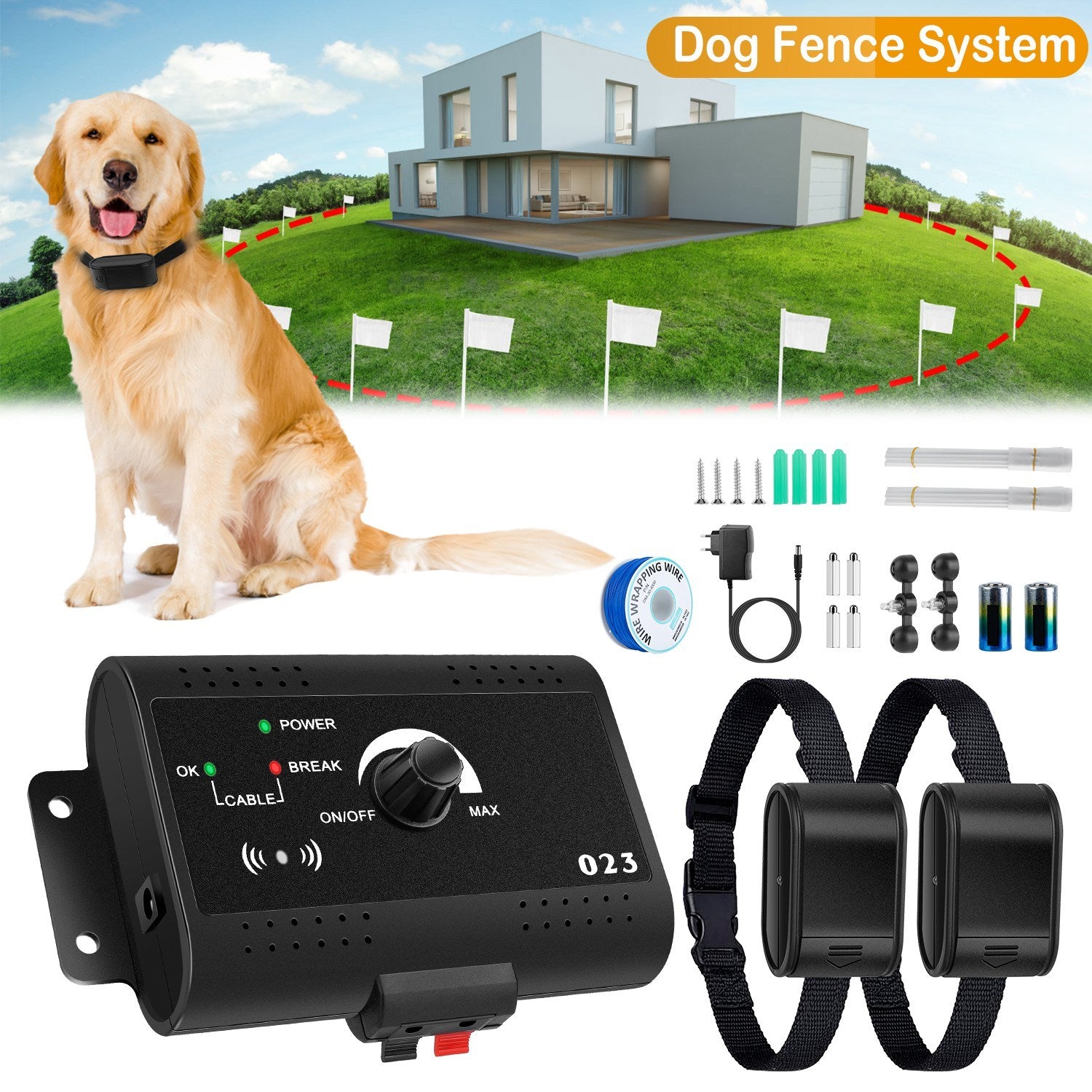 Electric Dog Fence System – Water-Resistant Collar with Tone & Shock Boundary Containment for Small to Large Dogs ACS45
