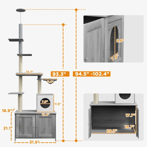 PawHut Cat Tree With Litter Box Enclosure – 2-in-1 Floor-to-Ceiling Cat Tower with Condo, Bed, Hammock, Scratching Posts & Platforms | Cat Drinking & Feeding – furn24